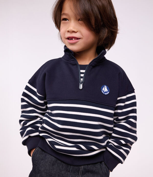 Sweatshirt col camionneur enfant en coton &agrave; rayures bleu/blanc