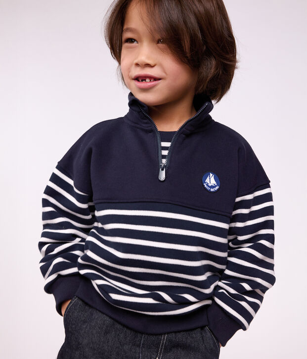Sweatshirt col camionneur enfant en coton &agrave; rayures bleu/blanc