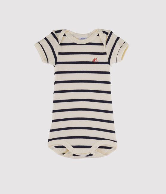 Body manches courtes bébé fille - bébé garçon beige COQUILLE/bleu SMOKING