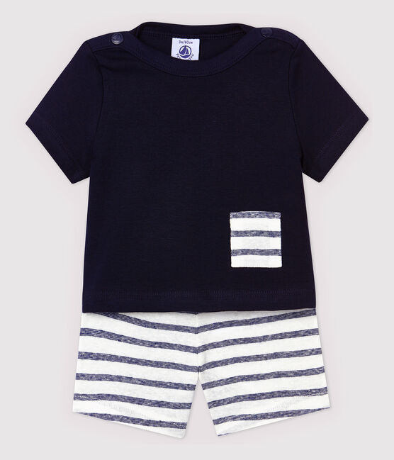 Ensemble tee-shirt/short en coton lin bébé garçon bleu SMOKING/blanc MARSHMALLOW