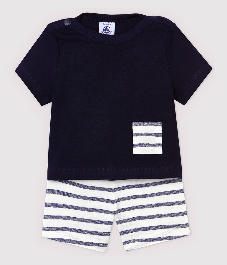 Ensemble tee-shirt/short en coton lin b&eacute;b&eacute; gar&ccedil;on bleu/blanc
