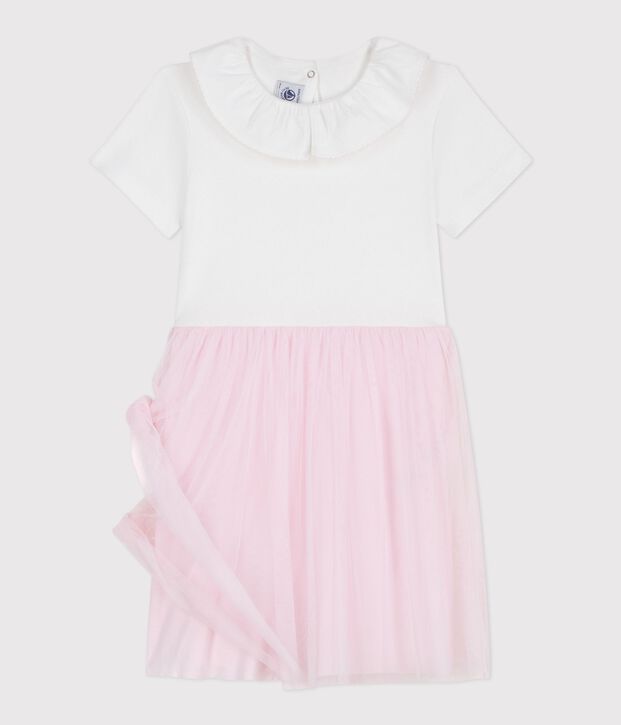 Robe enfant manches courtes en coton et tulle &agrave; motif c&oelig;urs rose/rose