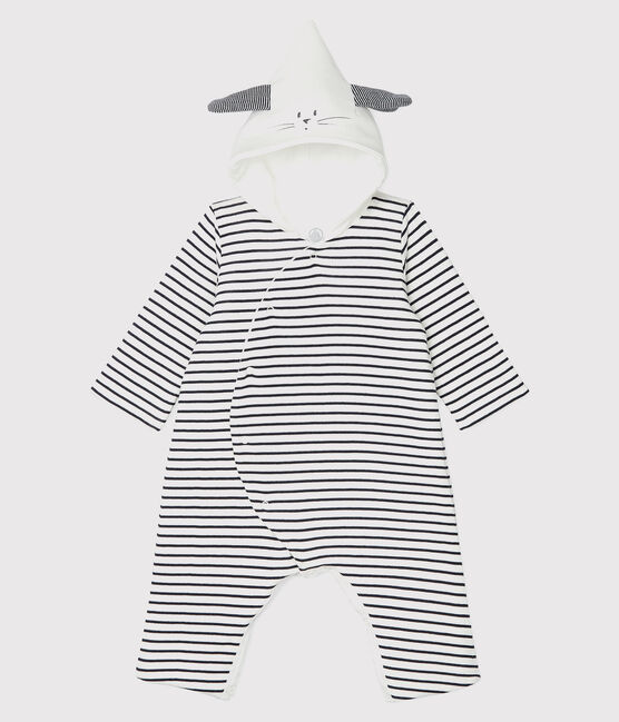 Combinaison longue rayée à capuche bébé en coton biologique blanc MARSHMALLOW/bleu SMOKING