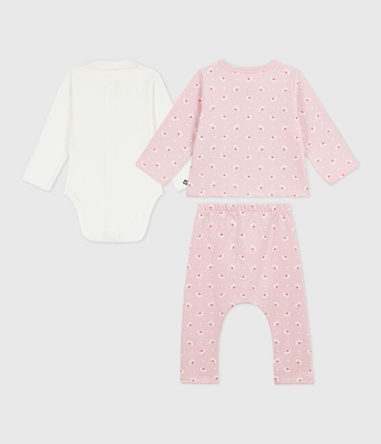 Ensemble 3 pièces bébé imprimé cœurs et fleurs et body brodé rose JOLI/blanc MULTICO