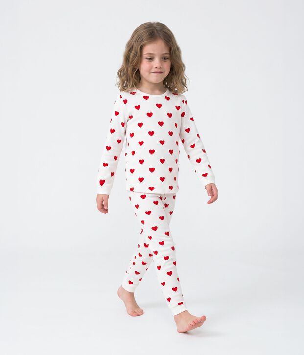 Pyjama fille imprim&eacute; c&oelig;urs en c&ocirc;te blanc/rouge