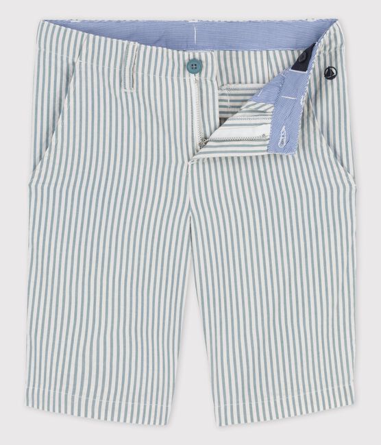 Bermuda en seersucker enfant garçon blanc MARSHMALLOW/bleu BRUT