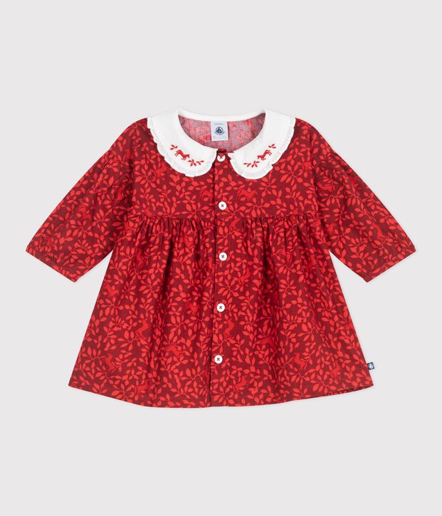 Robe b&eacute;b&eacute; en coton manches longues imprim&eacute;e et col brod&eacute; rouge/rouge