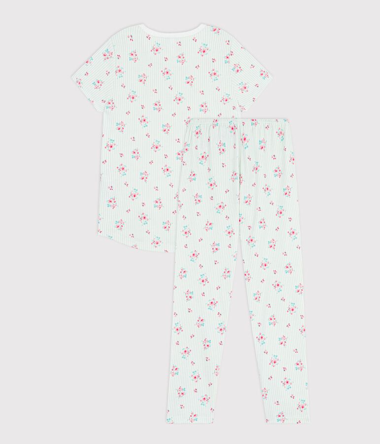 Pyjama enfant en coton manches courtes jambes longues fleuri blanc/multicouleur