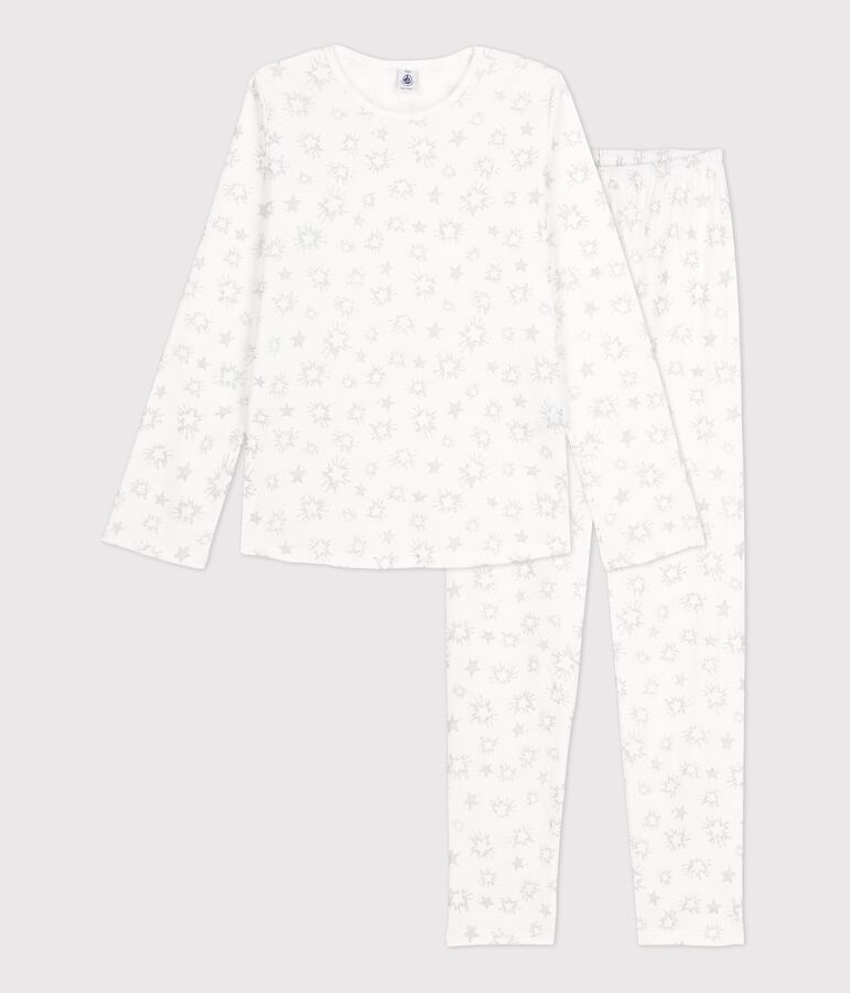 Pyjama imprim&eacute; &eacute;toiles fille en coton blanc MARSHMALLOW/blanc MULTICO