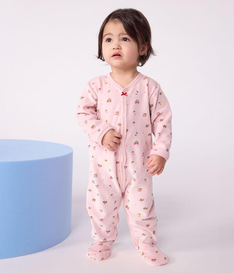 Pyjama b&eacute;b&eacute; en velours imprim&eacute; fleuri rose JOLI/blanc MULTICO