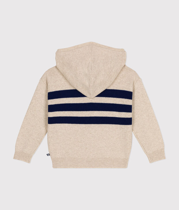 Pull &agrave; capuche en laine et coton enfant gar&ccedil;on &eacute;cru/bleu