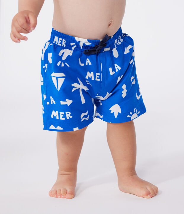 Short de bain b&eacute;b&eacute;, imprim&eacute; plage bleu/blanc