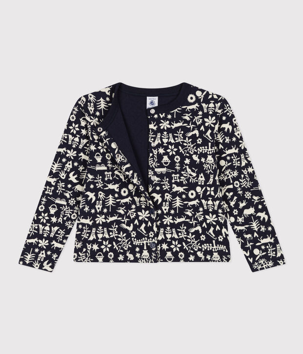 Cardigan imprim&eacute; en tubique matelass&eacute; enfant fille bleu/&eacute;cru