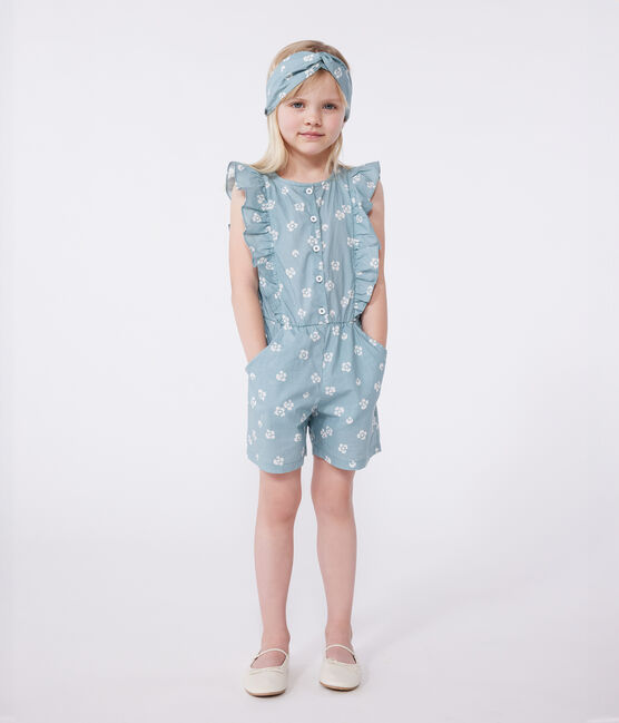 Combinaison enfant en coton sans manche fleurie bleu PAUL/blanc MARSHMALLOW