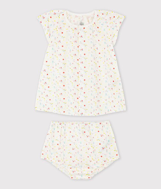 Robe manches courtes fruitée avec bloomer bébé fille en tubique chaine et trame en coton biologique blanc MARSHMALLOW/blanc MULTICO