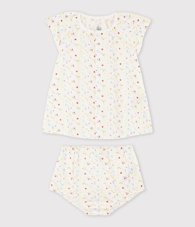 Robe manches courtes fruit&eacute;e avec bloomer b&eacute;b&eacute; fille en tubique chaine et trame en coton biologique blanc/multicouleur