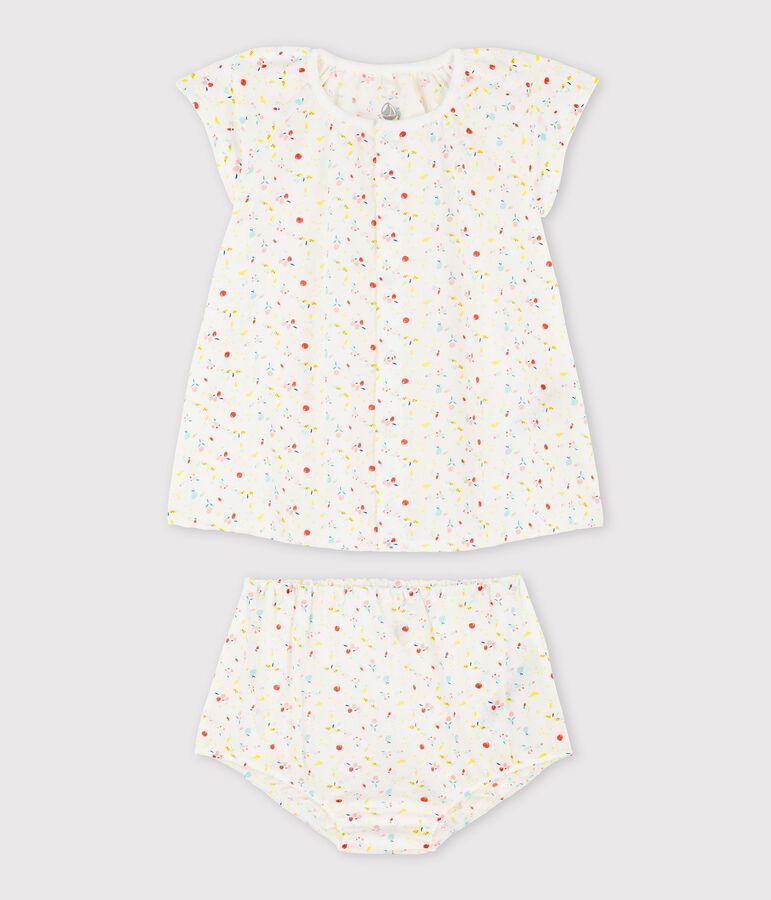 Robe manches courtes fruit&eacute;e avec bloomer b&eacute;b&eacute; fille en tubique chaine et trame en coton biologique blanc MARSHMALLOW/blanc MULTICO