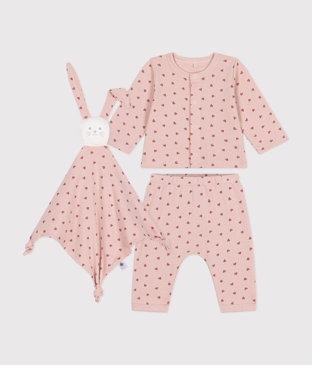 Ensemble coffret cardigan, pantalon et doudou en coton b&eacute;b&eacute; rose/rose