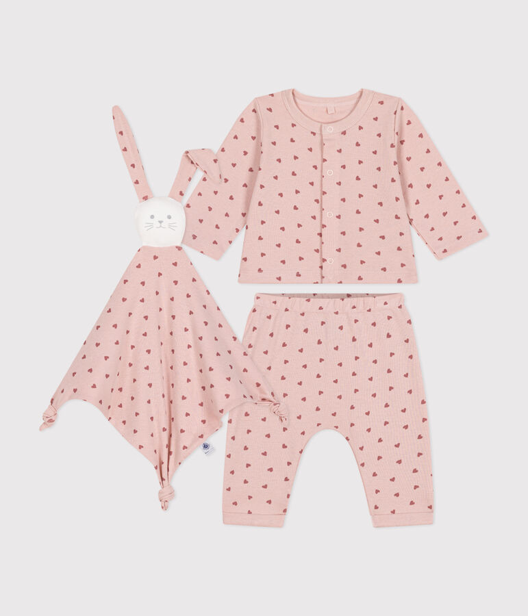 Ensemble coffret cardigan, pantalon et doudou en coton b&eacute;b&eacute; rose SALINE/ ROSEWOOD