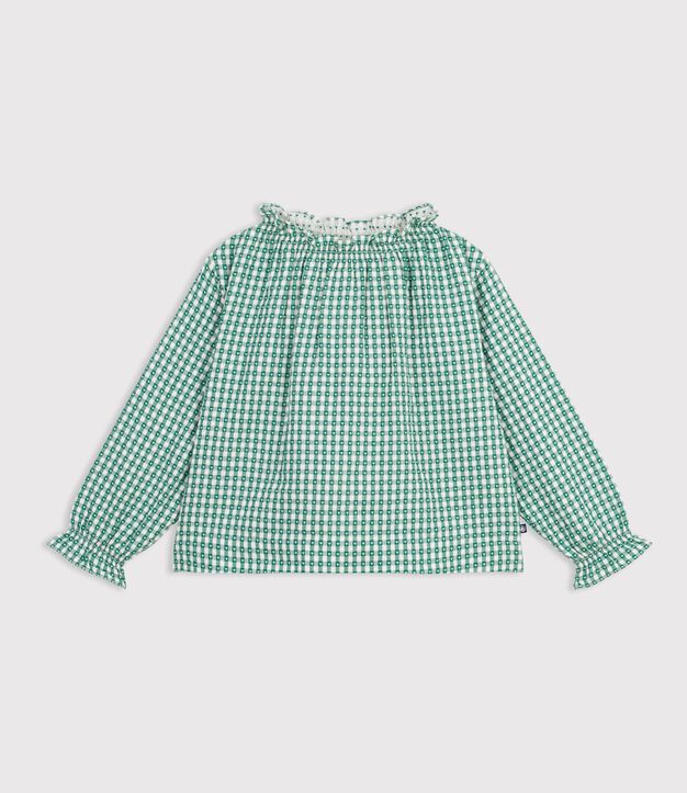 Blouse enfant en coton &agrave; col manches longues imprim&eacute;e vert/blanc