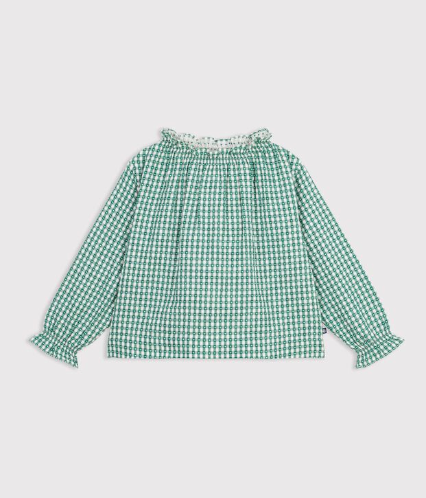 Blouse enfant en coton &agrave; col manches longues imprim&eacute;e vert/blanc