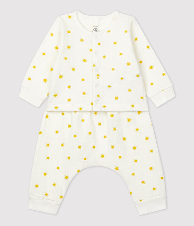 Ensemble 2 pi&egrave;ces imprim&eacute; soleil en tubique bio b&eacute;b&eacute; blanc/jaune