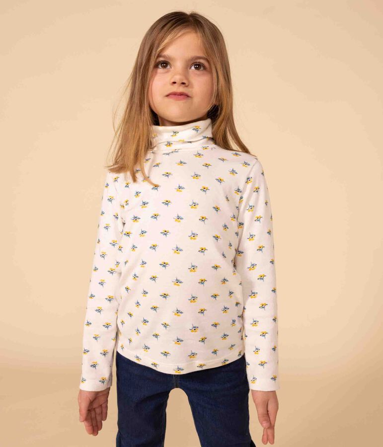 Sous-pull imprim&eacute; fleuri en coton enfant fille blanc MARSHMALLOW/blanc MULTICO