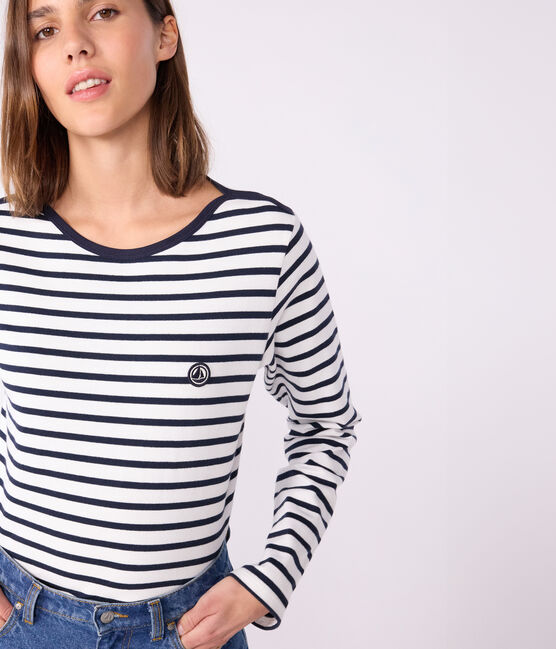 Marinière femme en coton manches longues blanc MARSHMALLOW/bleu SMOKING