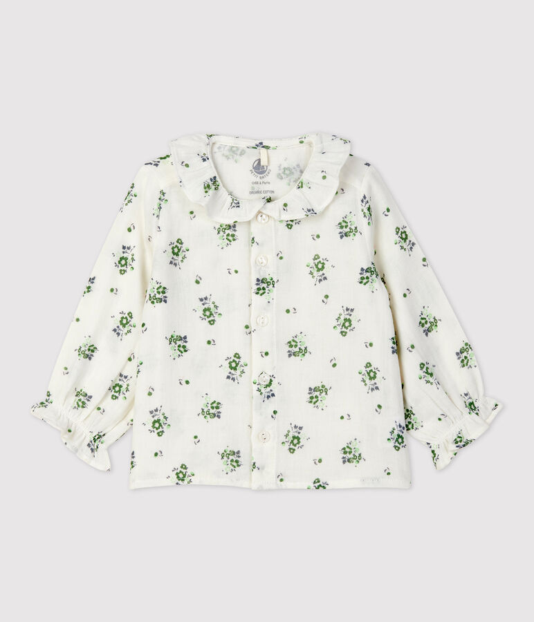 Blouse imprim&eacute; fleuri en gaze de coton bio b&eacute;b&eacute; blanc MARSHMALLOW/blanc MULTICO