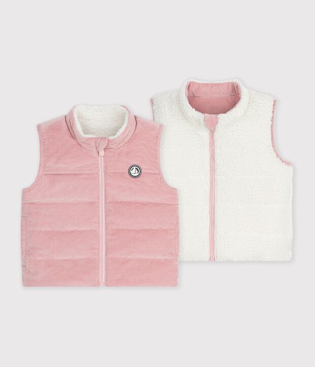 Doudoune b&eacute;b&eacute; sans manches en velours r&eacute;versible sherpa rose/&eacute;cru