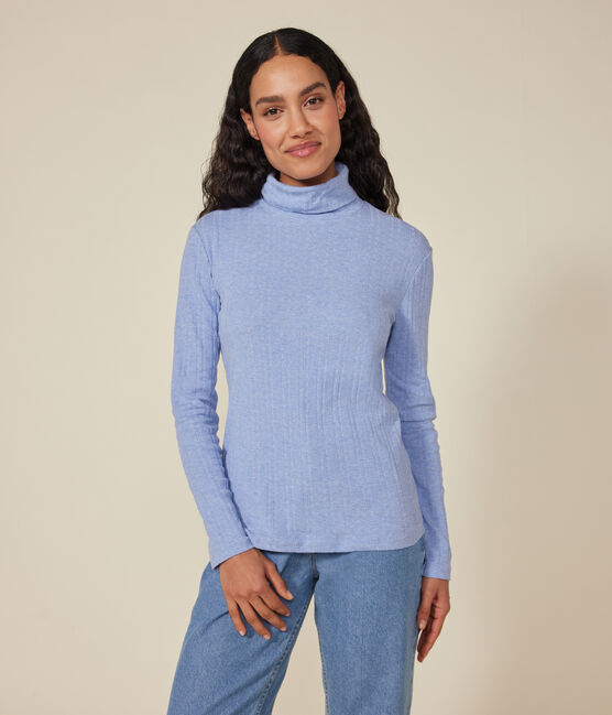Tee-shirt l'iconique col roulé en côte fantaisie femme bleu SKY CHINE