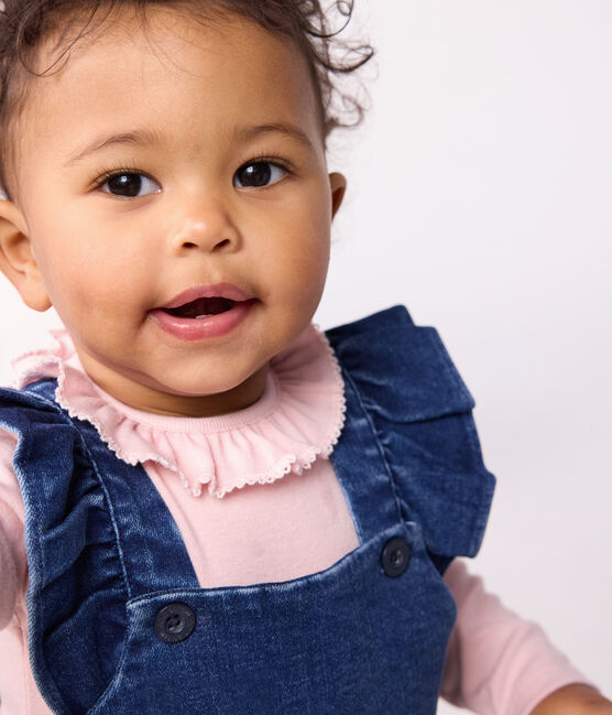 Salopette bébé en jean élasthanne à volants et jambes longues bleu DENIM MOYEN
