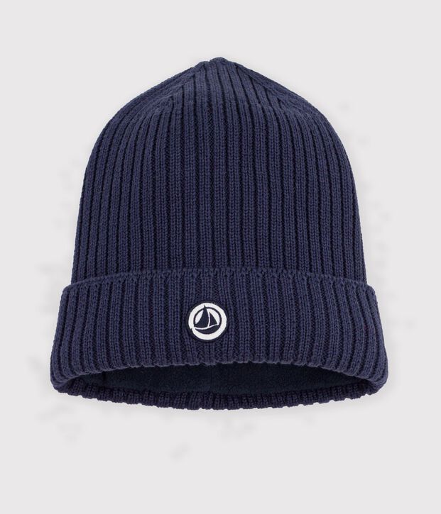Bonnet en tricot doubl&eacute; en polaire enfant gar&ccedil;on-fille bleu marine