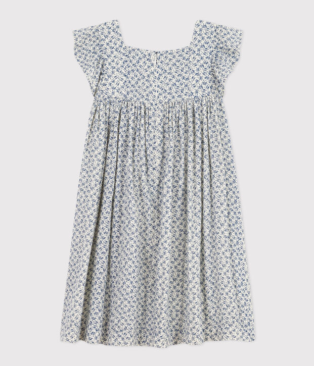Robe imprim&eacute;e sans manche en gaze de coton enfant fille &eacute;cru/bleu