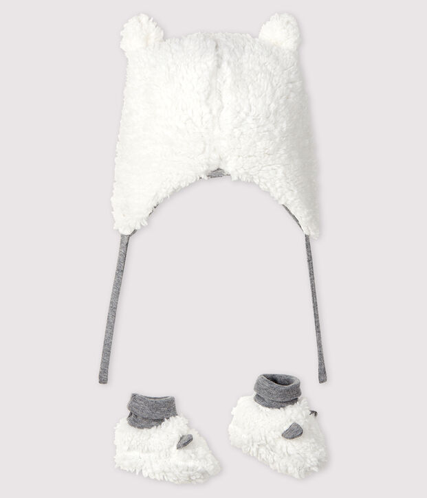 Lot bonnet naissance et chaussons b&eacute;b&eacute; en sherpa multicouleur