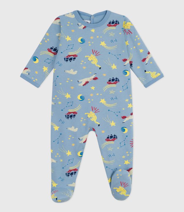 Pyjama b&eacute;b&eacute; en molleton gratt&eacute; ouverture au dos imprim&eacute; bleu/blanc