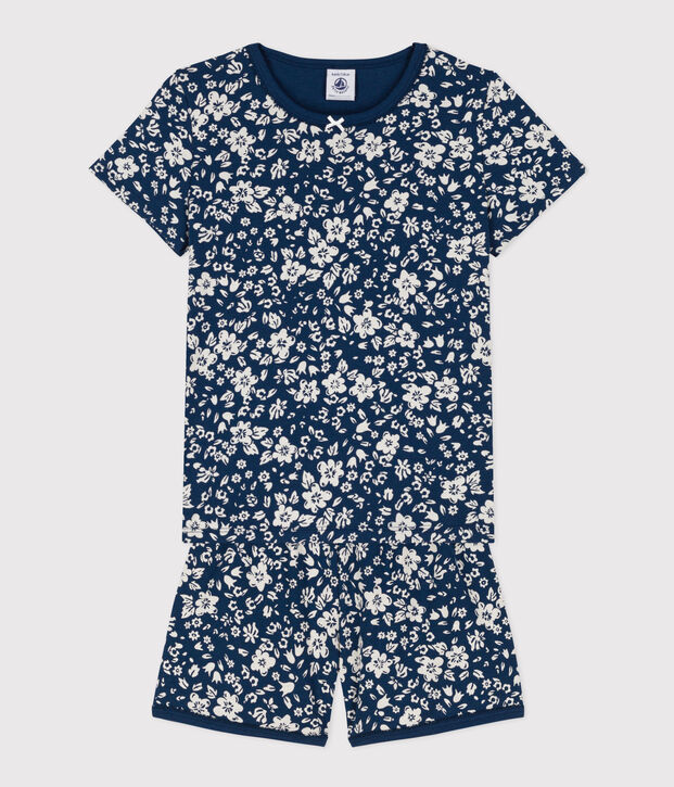 Pyjacourt fleur petite fille en coton bleu/blanc