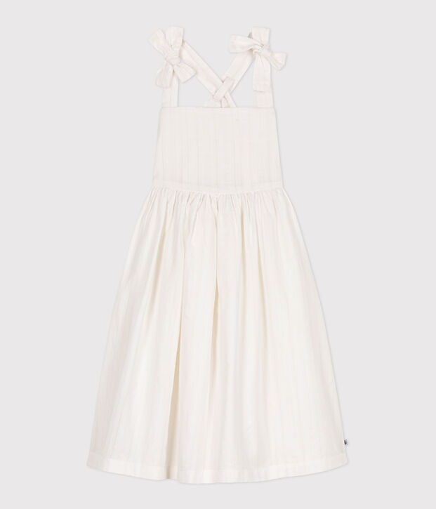 Robe longue &agrave; bretelles enfant en coton uni blanc