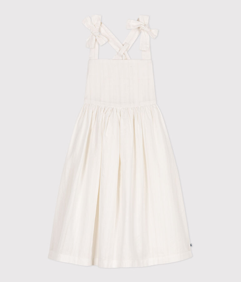 Robe longue &agrave; bretelles enfant en coton uni blanc ECUME