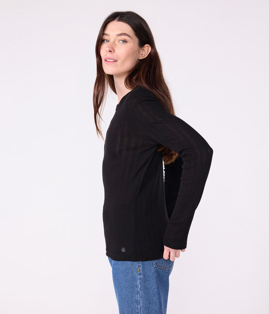 Tee-shirt femme l'iconique en coton ajouré manches longues noir BLACK