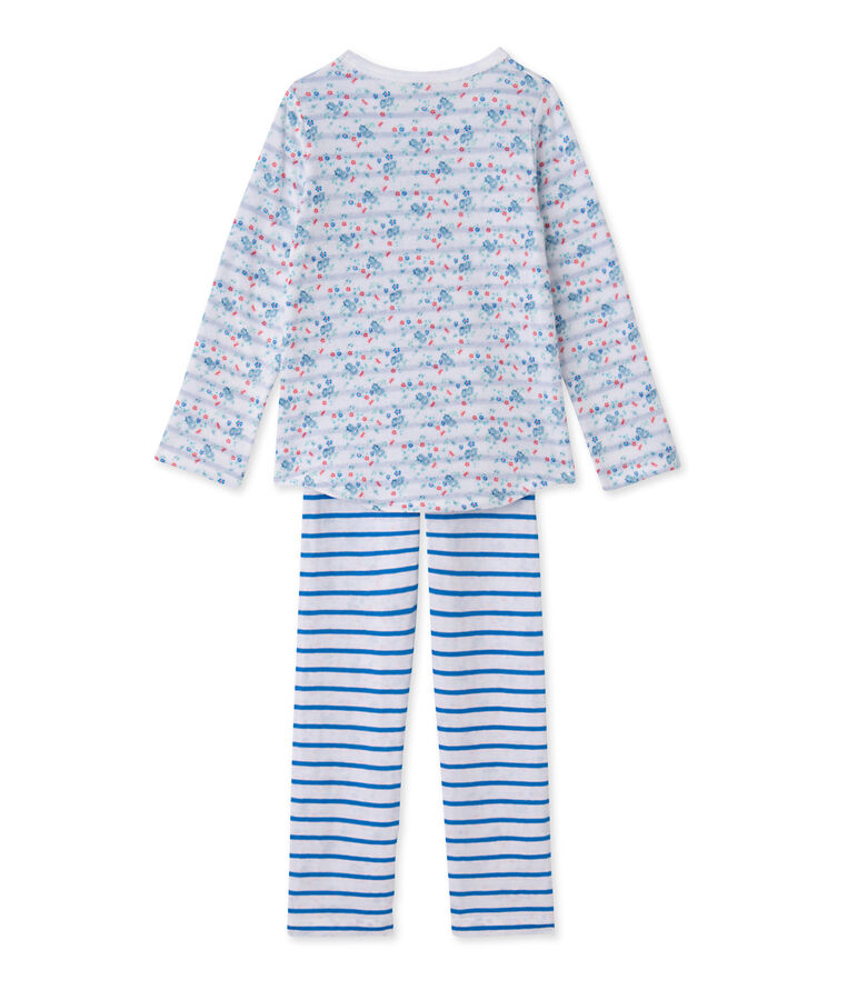 Pyjama fille en tubique r&eacute;versible blanc ECUME/bleu BLEU/ MULTICO