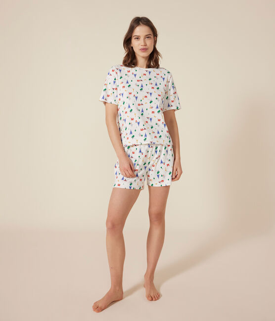 Pyjama short et tee-shirt en coton motif Paris femme blanc MARSHMALLOW/bleu MEDIEVAL/ MULTICO