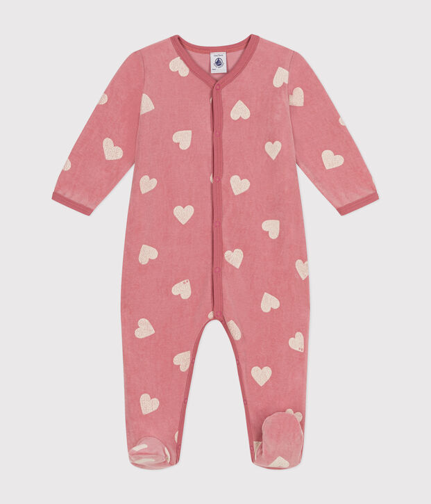 Pyjama b&eacute;b&eacute; en velours imprim&eacute; motif c&oelig;urs rose/blanc