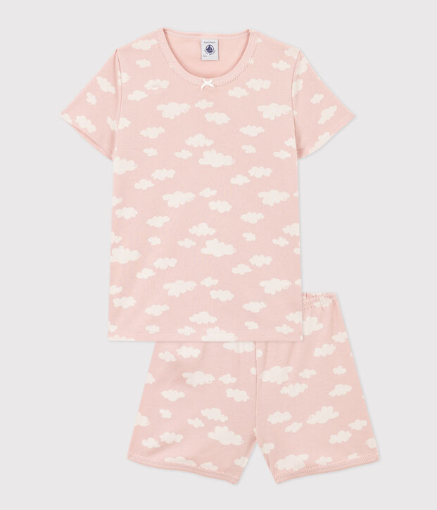 Pyjacourt nuages petite fille en coton rose/blanc