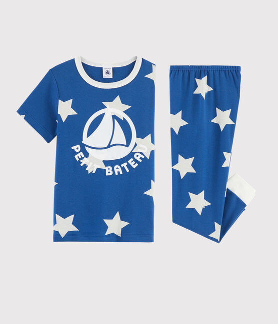 Pyjama enfant imprimé étoiles en côte bleu MAJOR/blanc ECUME