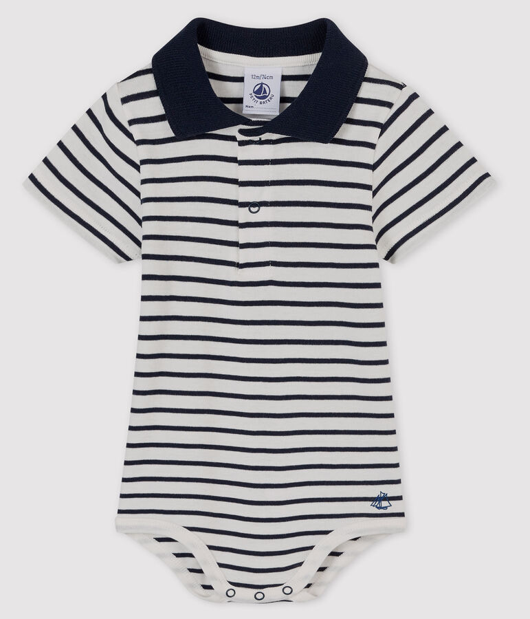 Body col polo ray&eacute; b&eacute;b&eacute; gar&ccedil;on blanc MARSHMALLOW/bleu SMOKING