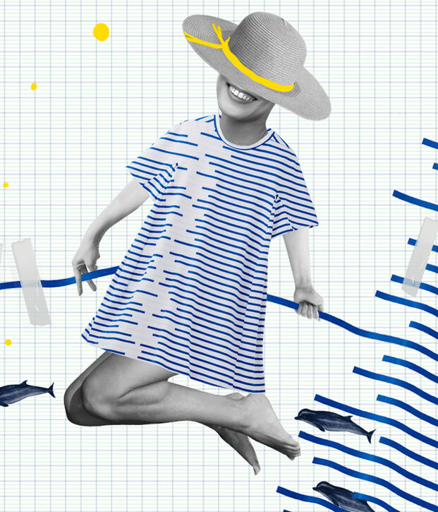 Robe r&eacute;&eacute;dition Hy&egrave;res femme blanc/bleu