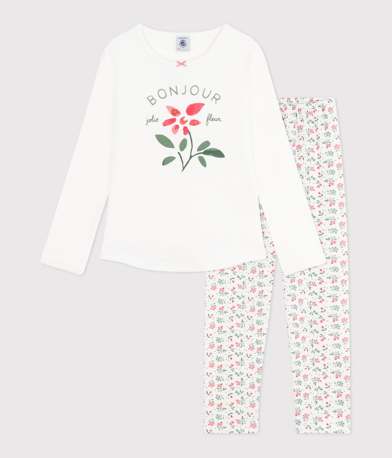 Pyjama enfant en coton imprim&eacute; fleuri blanc MARSHMALLOW/blanc MULTICO