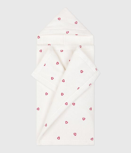Cape de bain bébé cœurs brodés en éponge blanc MARSHMALLOW/rose CHARME