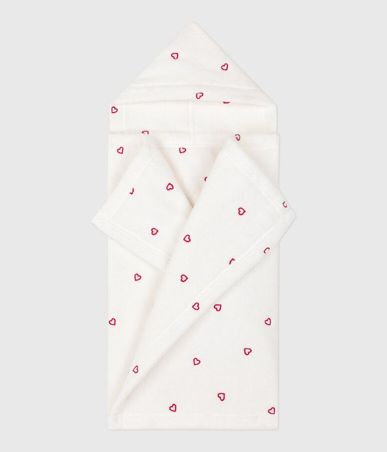 Cape de bain b&eacute;b&eacute; c&oelig;urs brod&eacute;s en &eacute;ponge blanc MARSHMALLOW/rose CHARME